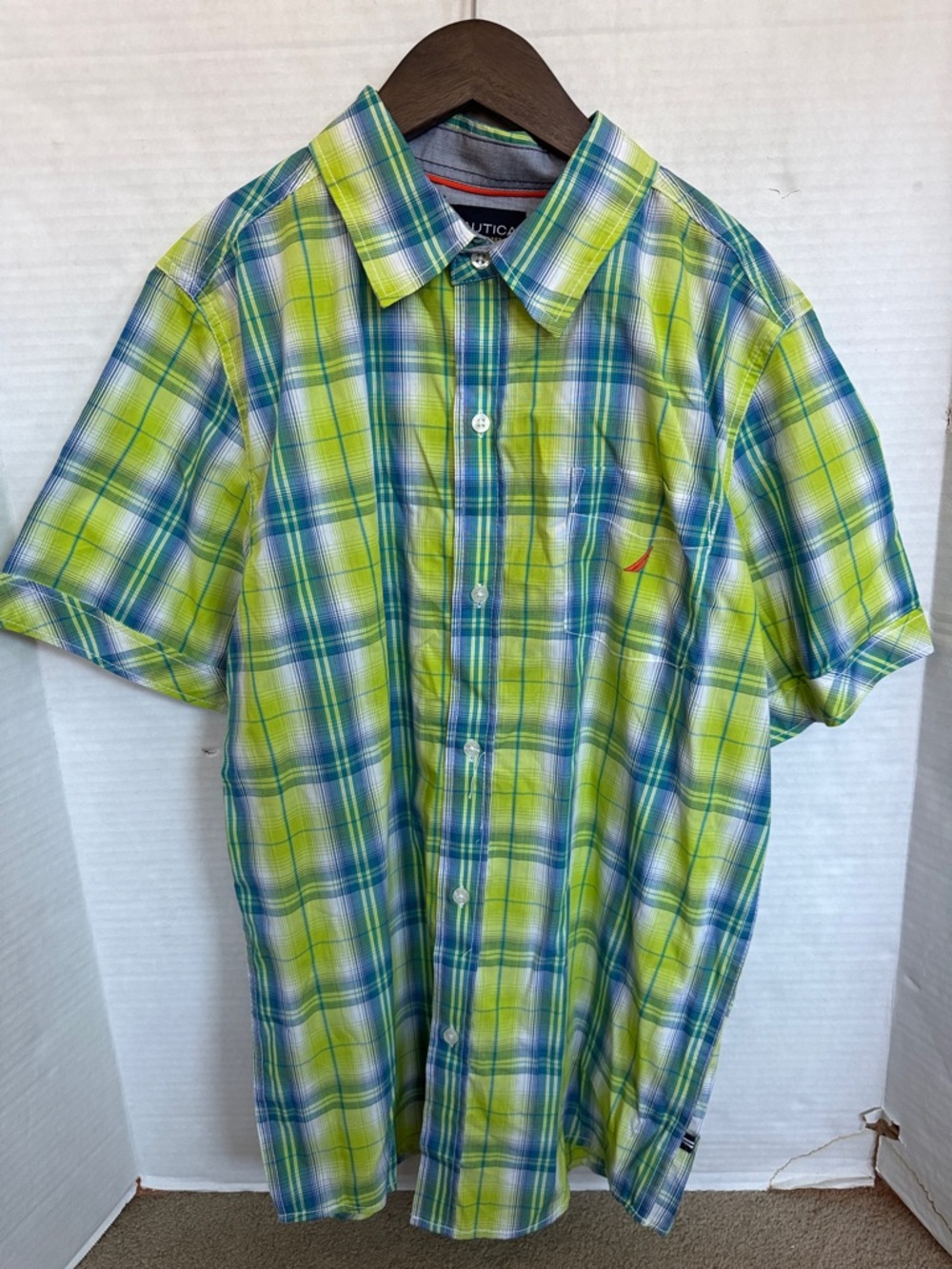 NWT Nautica Lime and Blue Short Sleeve Plaid Button-Down Shirt Boys XL 18/20